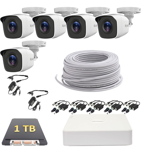 Kit Cctv 5 Cámaras Hikvision 1080p Baluns 1tb 100 Mts Utp