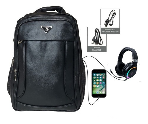 Bolsa Mochila Masculina Impermeável De Couro Reforçada Usb Cor Preto