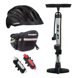 Combo Kit Ciclismo Casco + Inflador + Luces + Bolso Asiento