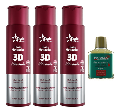 Kit 3 Gloss Matizador 3d Marsala Vermelho Magic Color 500ml