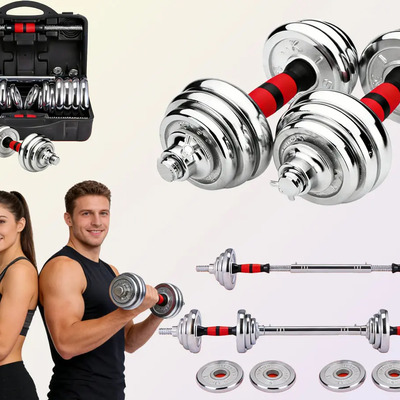 Kit Mancuernas Gym Tres En Unocon Barra De Conexión, Frisbee Ajustable, Barra Recta, 20kg, Resistente Y Duradero, Para Ejercicios En Gimnasios Familiares. | Meses sin interés