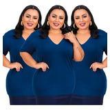 Kit 3 Blusa Feminina Longa Camiseta Gola V Plus Size G1 A G3