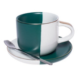 Taza Borde Dorado Con Plato Y Cuchara Verde Topsoc