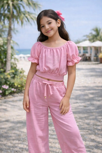 Conjunto Blusa Crop Fruncida Pantalón Rosa Lote 10 Piezas