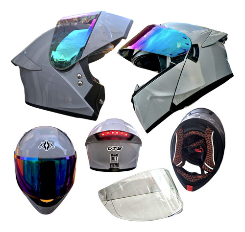 Casco Moto Abatible Dot Gris Brillo + Mica Gratis Y Luz Led