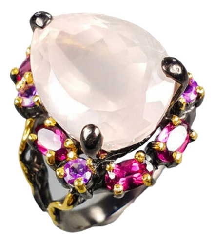 Anillo De Cuarzo Rosa, Amatistas Y Granates Naturales N49