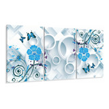 Quadro Decorativo Flores E Borboletas Azuis Estilo 3d