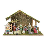 Pesebre Navidadeño 42x24cm 11 Figuras Porcelana Casa Madera 