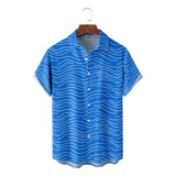 Camisa Hawaiana Unisex A Rayas Azules Y Blancas, Camisa De P