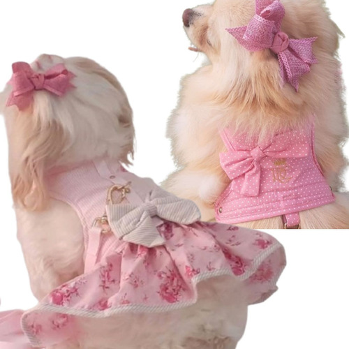 Roupa Pet Para Cachorro Kit Coleira E Vestido Com Guia Rosa