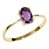 Anel Solitario Noivado Ametista Natural Oval Ouro 18k