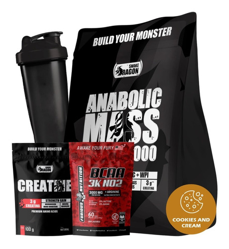 Kit Anabolic Mass C/ Creatina 3kg + Bcaa + Creatine + Shaker Sabor Cookies And Cream