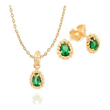 Conjunto Rommanel Brinco Colar Gota Verde Folheado Ouro 18k