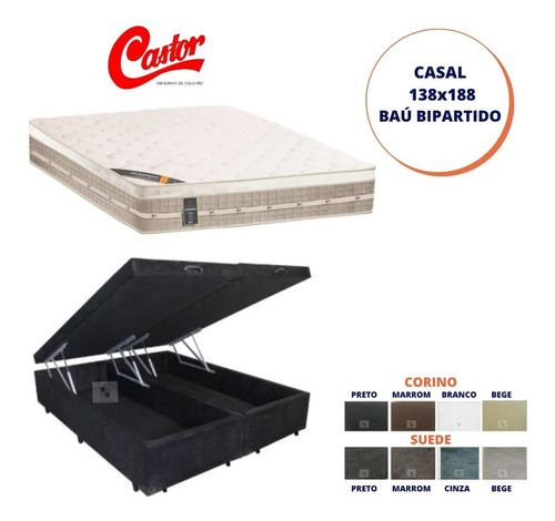 Colchão Castor Casal Firme + Cama Box Baú Bipartida 138x188 