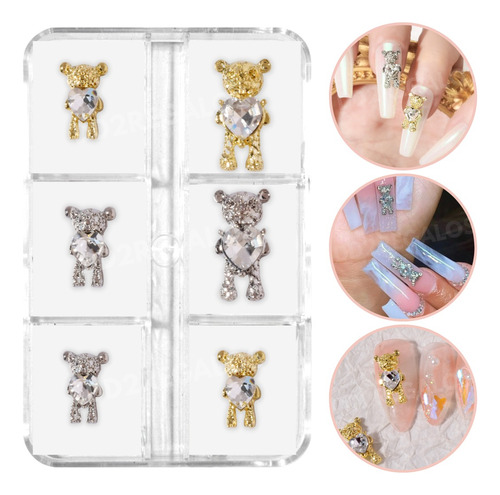 6 Dijes Strass Osito Gema 3d Apliques Uñas Decoracion Caja