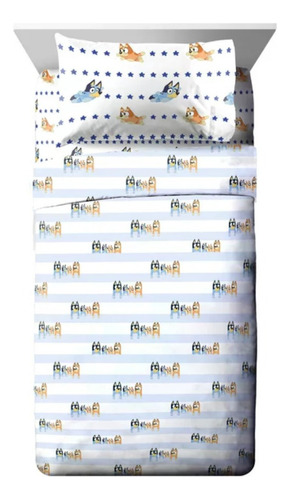 Set De Sabanas De Bluey 3 Pzs Para Niños Cama Individual *sk Color Blanco / Azul