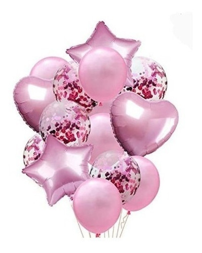 Set 14 Globos Metalizados Estrella Corazón Confetti Perlados