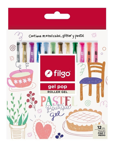 Lapiceras Filgo Gel Pop Pastel Boutique Estuche X 12 Colores Tinta Surtidos Exterior Transparente