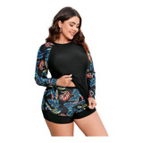 Traje Baño Mujer Gordita Curvy Talla Extra Short Manga Larga