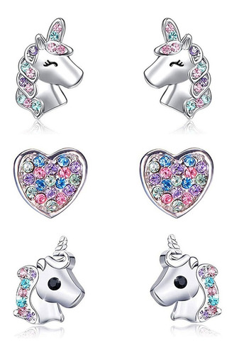 Aretes Pasadores De Unicornio Y Corazón Para Niñas, 3 Pares