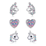 Aretes Pasadores De Unicornio Y Corazón Para Niñas, 3 Pares