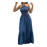 Vestido Largo De Mezclilla Halter, Maxi Vestido Para Mujer