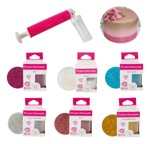 Kit Borrifador E 6 Pós Brilhos P Decoração Confeitaria Mago