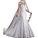 Vestido De Noiva Perfect Luxo Semi Sereia Renda Gola Alta
