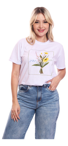 Tshirt Blusa Feminina Flores Retângulo Estampada Manga Curta