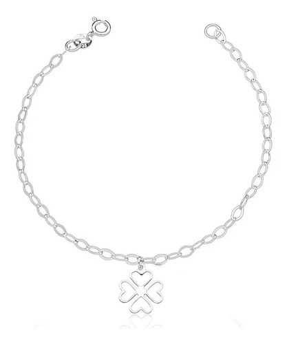 Pulseira Prata 925 Feminina Trevo Da Sorte Comprimento 19 Cm