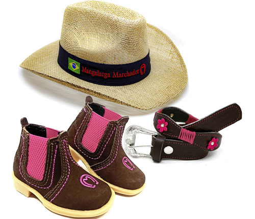 Kit Infantil Feminino Botina Couro + Chapeu + Cinto Fivela