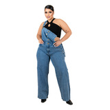 Macacão Jeans Wide Leg Plus Size Feminino Com Botões