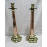 Antiguo Par Candelabros Bronce Cobre Siglo 19 Hechos A Mano