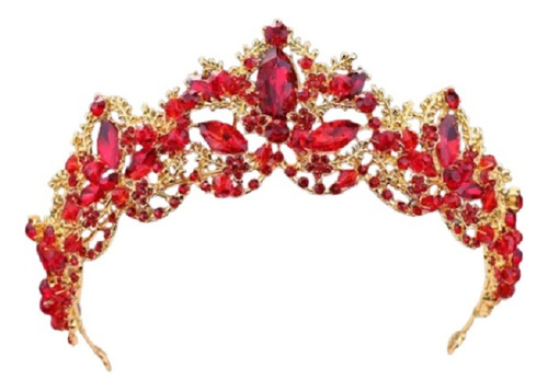 Luxo Conjunto Tiara Brinco Dourado Vermelho Strass Festa 02