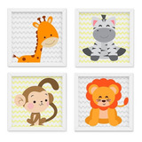 Quadro Bebê Infantil Menino Menina Safari Kit 4 Peças