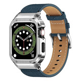 Malla Y Funda Cuero Azul/plat. P/apple Watch 44/42mm 6/5/4/3