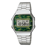 Relógio De Pulso Digital Casio A-168 Com Corria De Aço Inoxidável Cor Prateado - Fondo Cinza/camuflado Verde