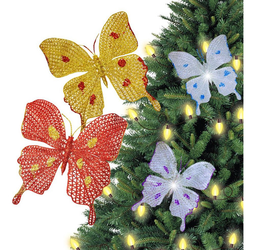 Decoração Árvore De Natal Enfeite De Borboleta Com Glitter Cor Roxo