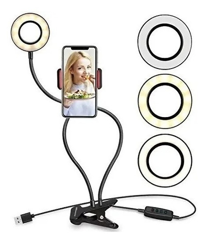 Luz Led Selfie Aro Redondo Soporte Celular Usb Control 3 Ton