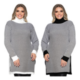 Kit 2 Casaco Poncho Feminino Xadrez Tricô Gola Alta Lã