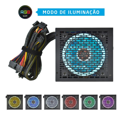 Fonte Evus Evg600 Gamer 600w 80 Plus Bronze Led Rgb Pfc Dupl Cor Preto 110v/220v