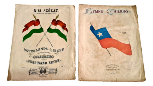 2 Partituras Antigas Litografia Hinos Da Hungria E Do Chile 