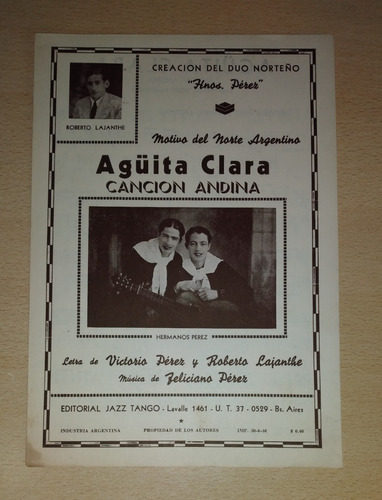Partitura Agüita Clara Canción Andina Pérez Lajanthe 1940