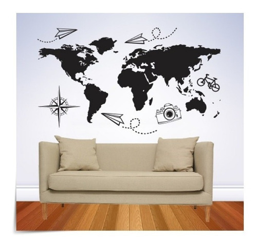 Vinilo Decorativo Mapa Mundial Mapamundi Pared Aviones Viaje