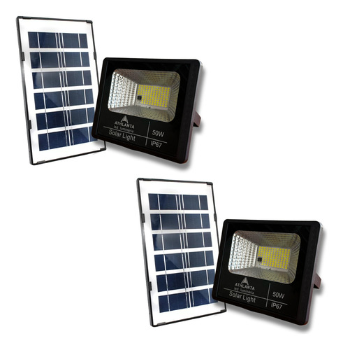 Refletor Led 50w Solar Kit 2 Holofote Fotocélula Prova Dagua