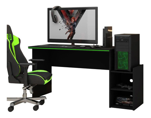 Mesa Para Computador Gamer Preto Com Verde - Gelius Móveis