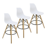 Kit 3 Banquetas Charles Eames Eiffel Wood Base Fixa Madeira Cor Branco