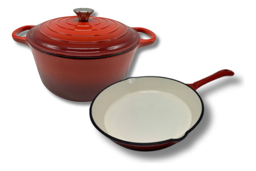 Batería Cocina X 2 Olla Sarten Hierro Fundido Esmaltado Rojo