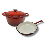 Batería Cocina X 2 Olla Sarten Hierro Fundido Esmaltado Rojo