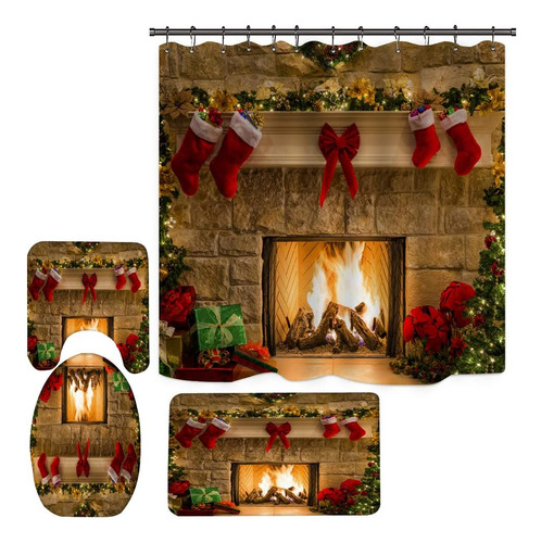 Apqdw Juego De 4 Cortinas De Ducha Con Chimenea De Navidad, 